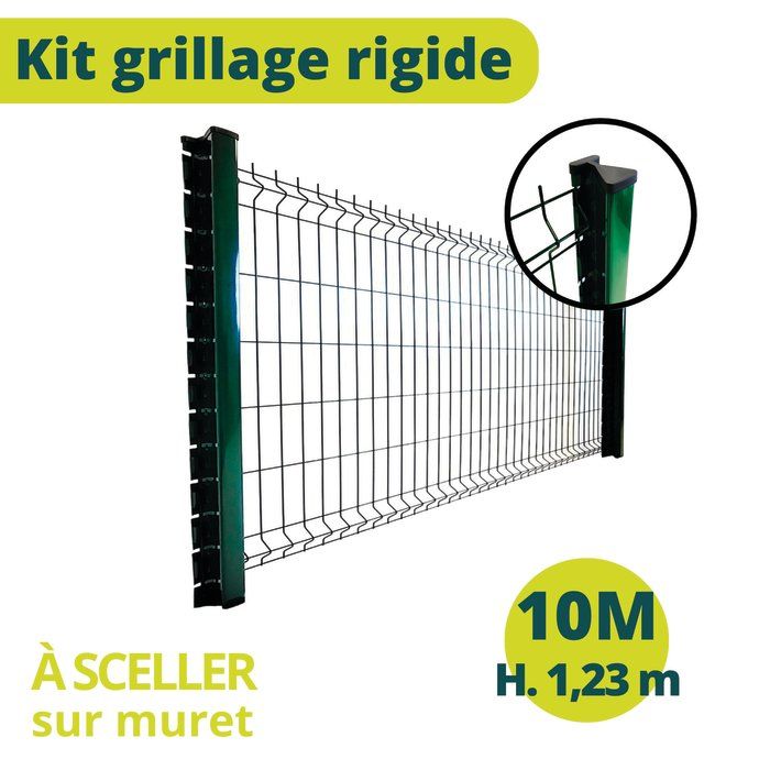 Kit grillage rigide à sceller - Filiac - L. 10 m - H. 1.23 m - Vert